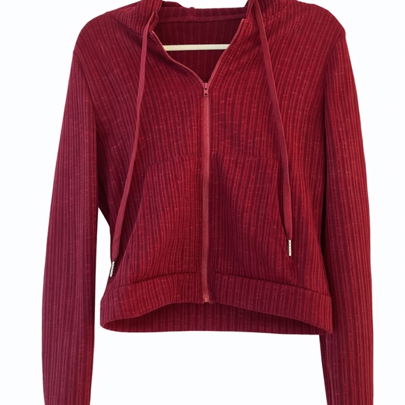 Red Ribbed Zip-Up Hoodie - Picture 3 of 5